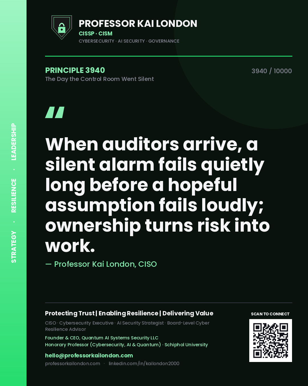 Professor Kai London principle 3940: When auditors arrive, a silent alarm fails quietly long before a hopeful assumption fails loudly; ownership turns risk into work.