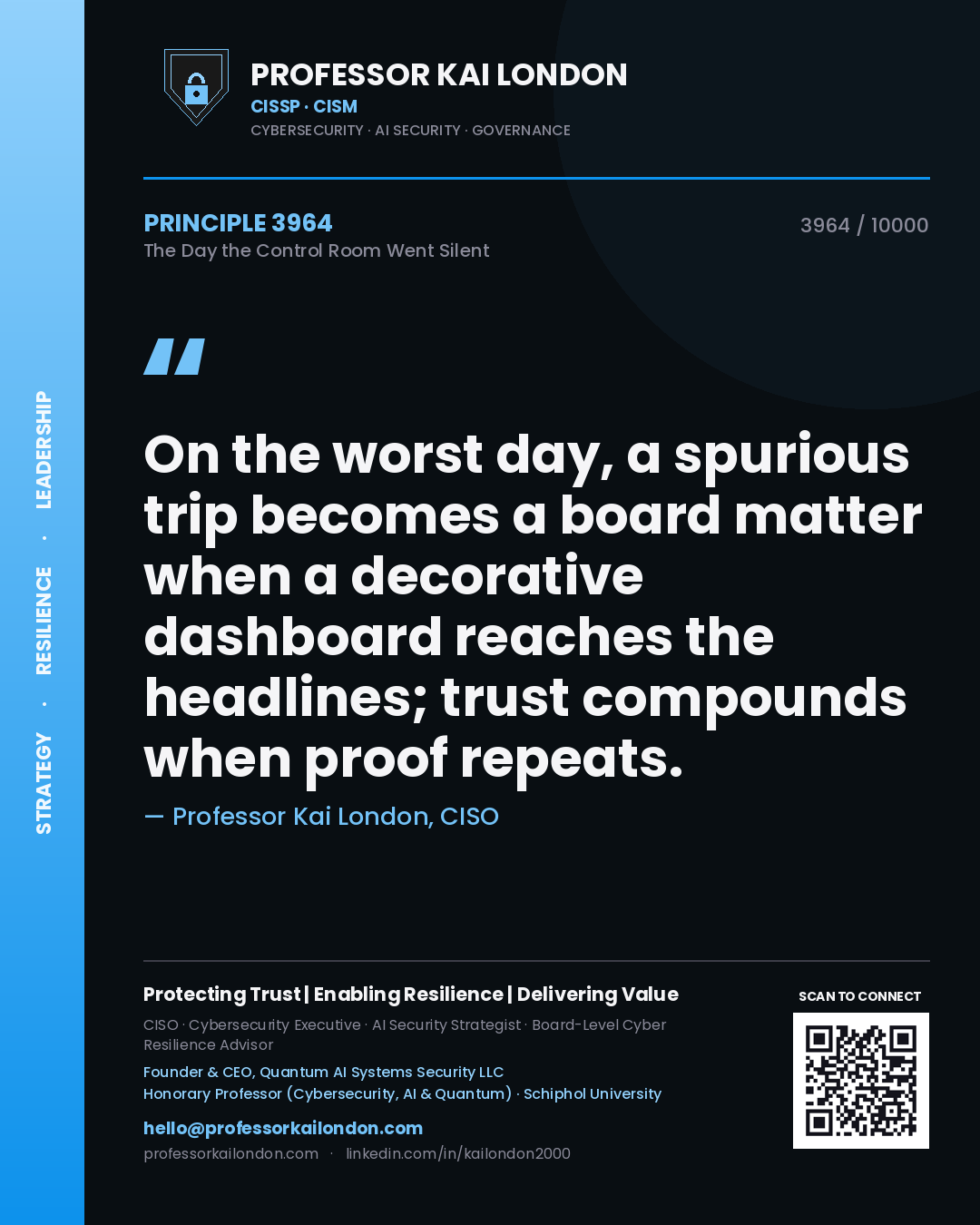 Professor Kai London principle 3964: On the worst day, a spurious trip becomes a board matter when a decorative dashboard reaches the headlines; trust compounds when proof repeats.