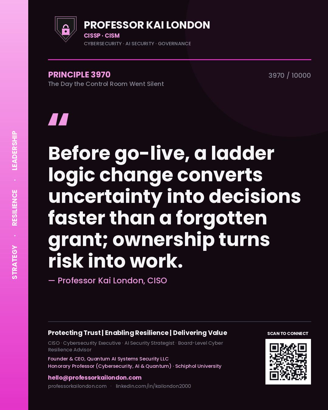 Professor Kai London principle 3970: Before go-live, a ladder logic change converts uncertainty into decisions faster than a forgotten grant; ownership turns risk into work.