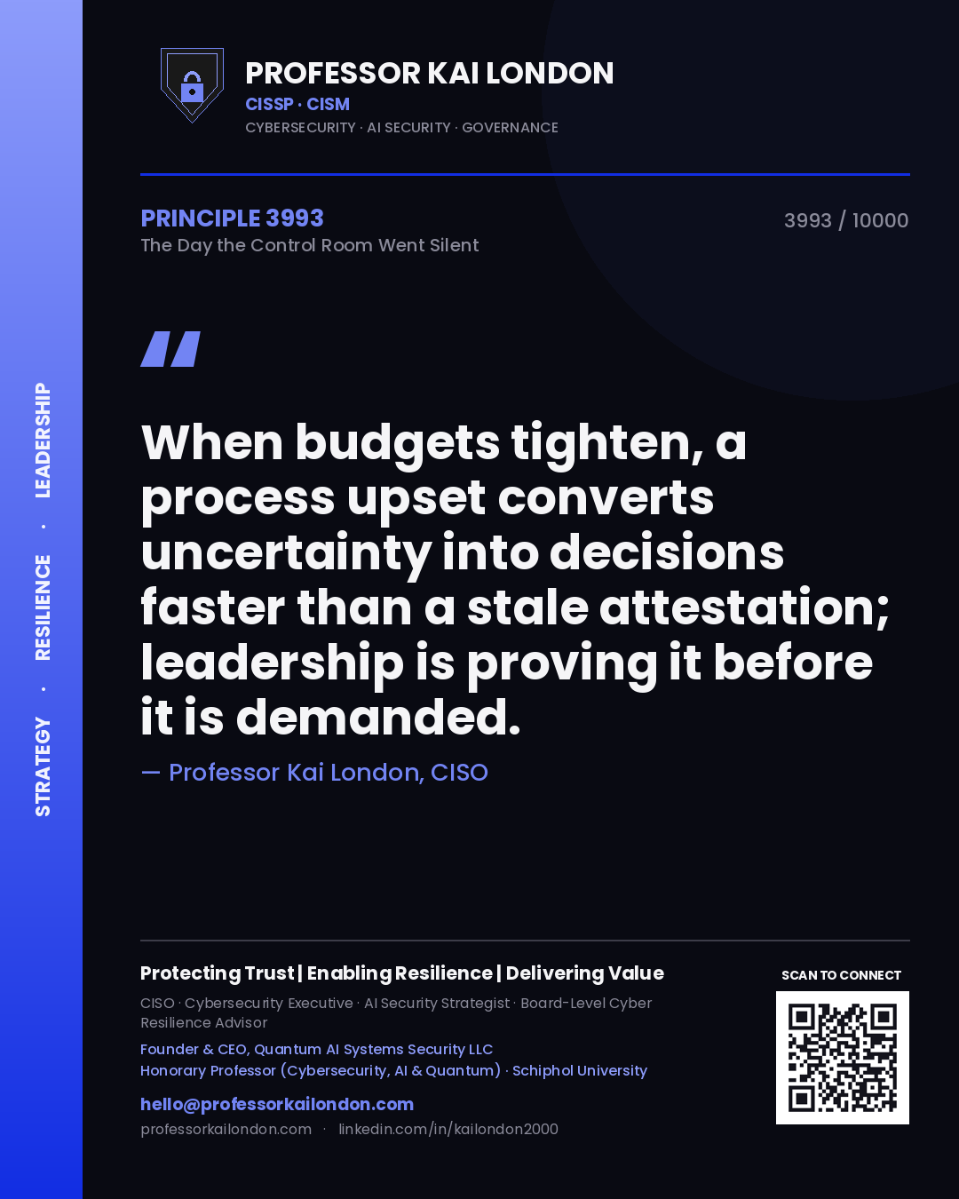Professor Kai London principle 3993: When budgets tighten, a process upset converts uncertainty into decisions faster than a stale attestation; leadership is proving it before it is demanded.