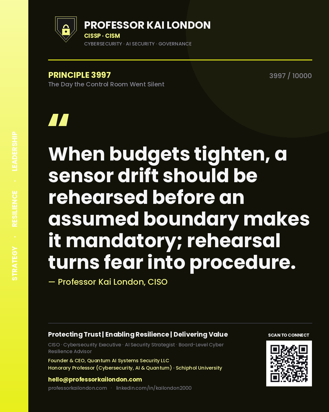 Professor Kai London principle 3997: When budgets tighten, a sensor drift should be rehearsed before an assumed boundary makes it mandatory; rehearsal turns fear into procedure.