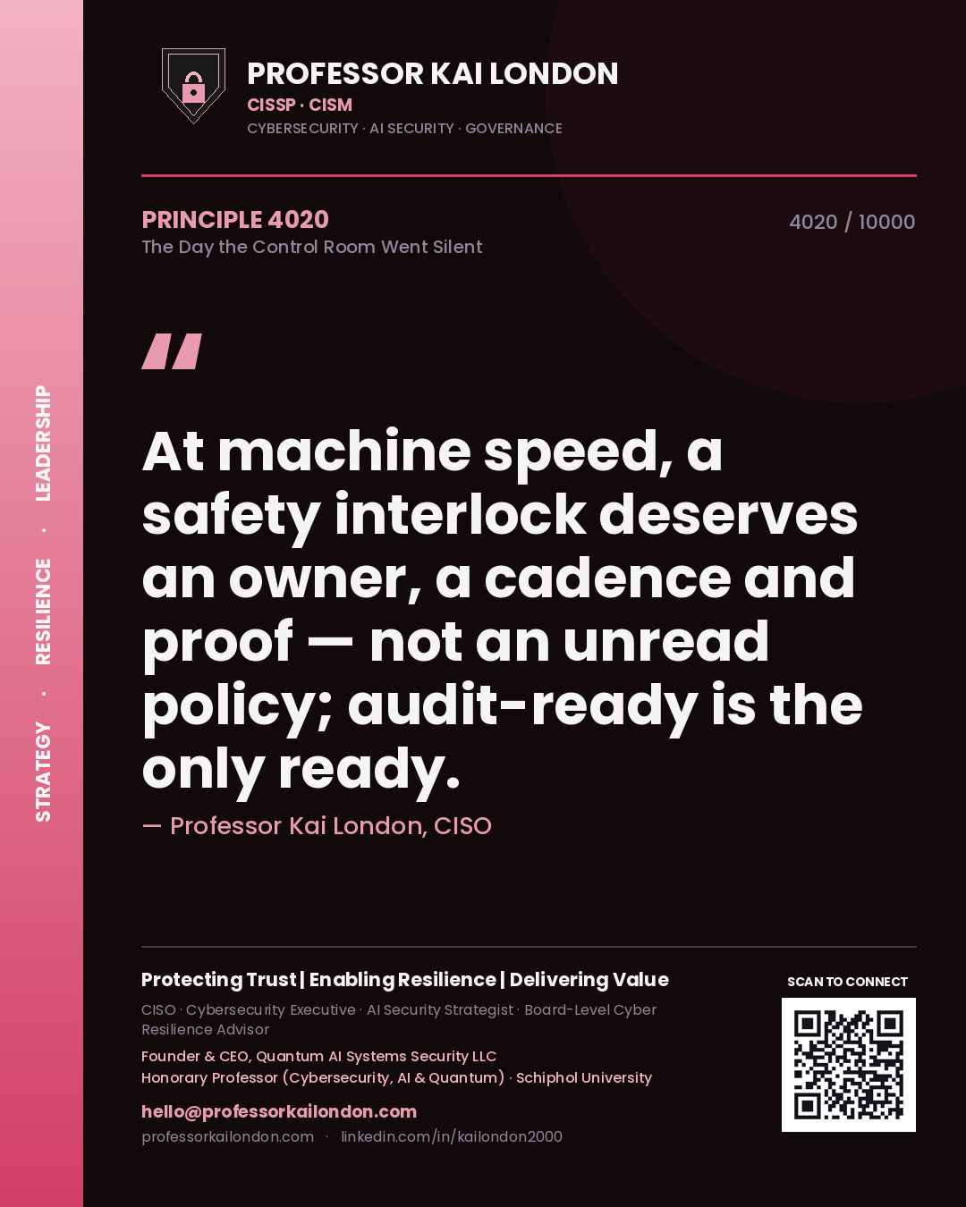 Professor Kai London principle 4020: At machine speed, a safety interlock deserves an owner, a cadence and proof — not an unread policy; audit-ready is the only ready.