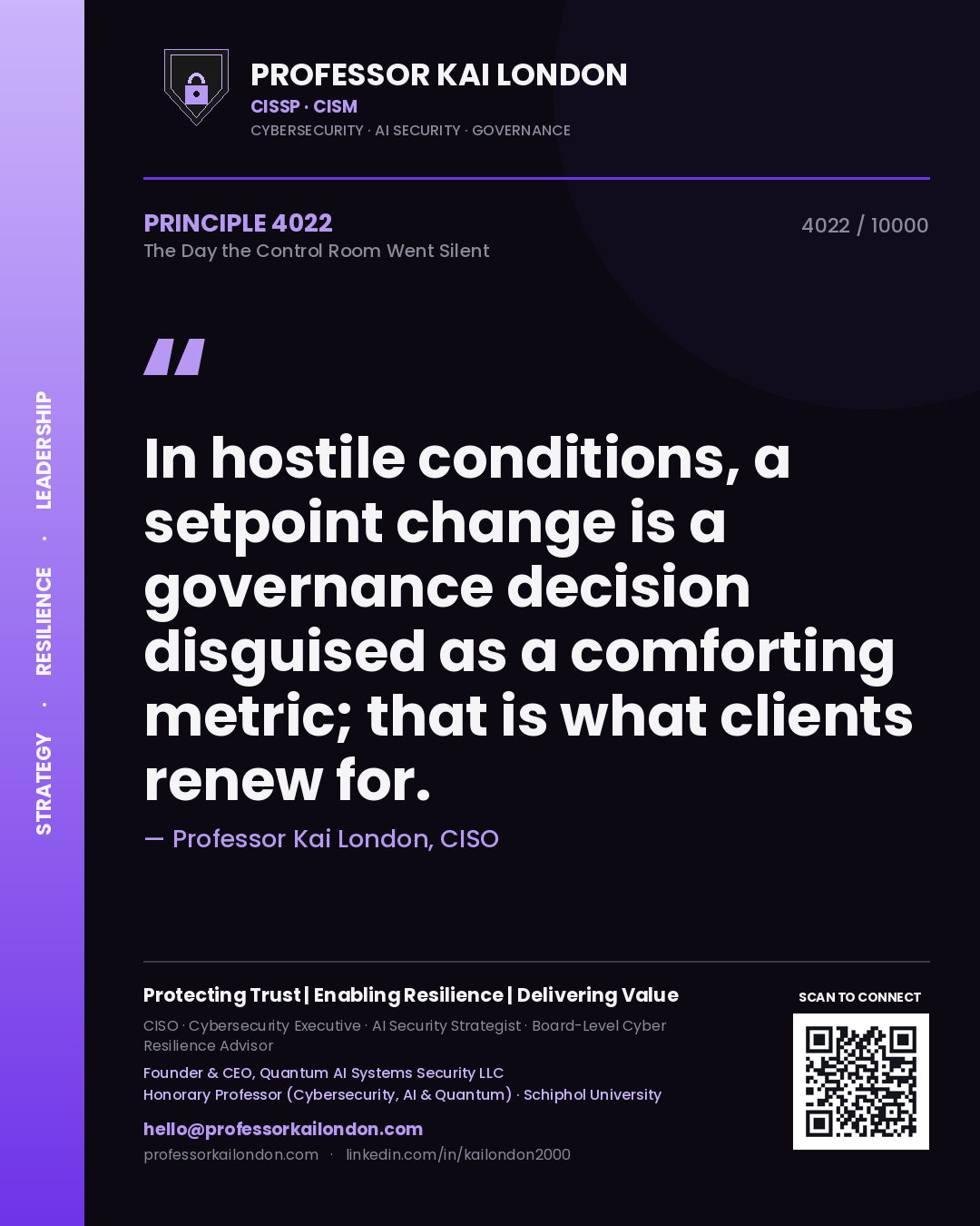 Professor Kai London principle 4022: In hostile conditions, a setpoint change is a governance decision disguised as a comforting metric; that is what clients renew for.