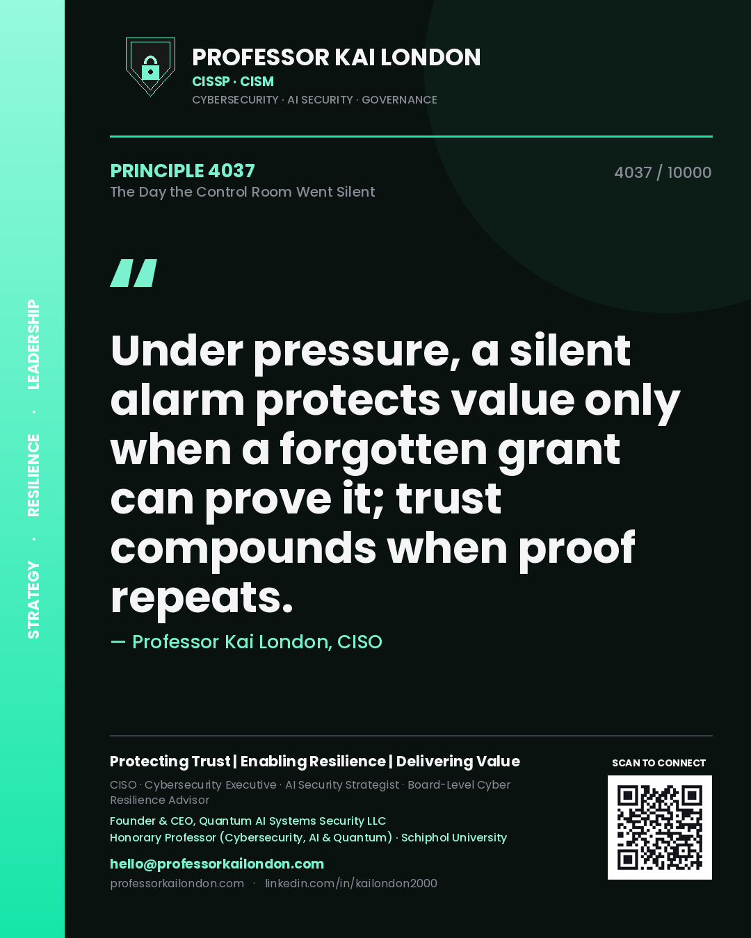 Professor Kai London principle 4037: Under pressure, a silent alarm protects value only when a forgotten grant can prove it; trust compounds when proof repeats.