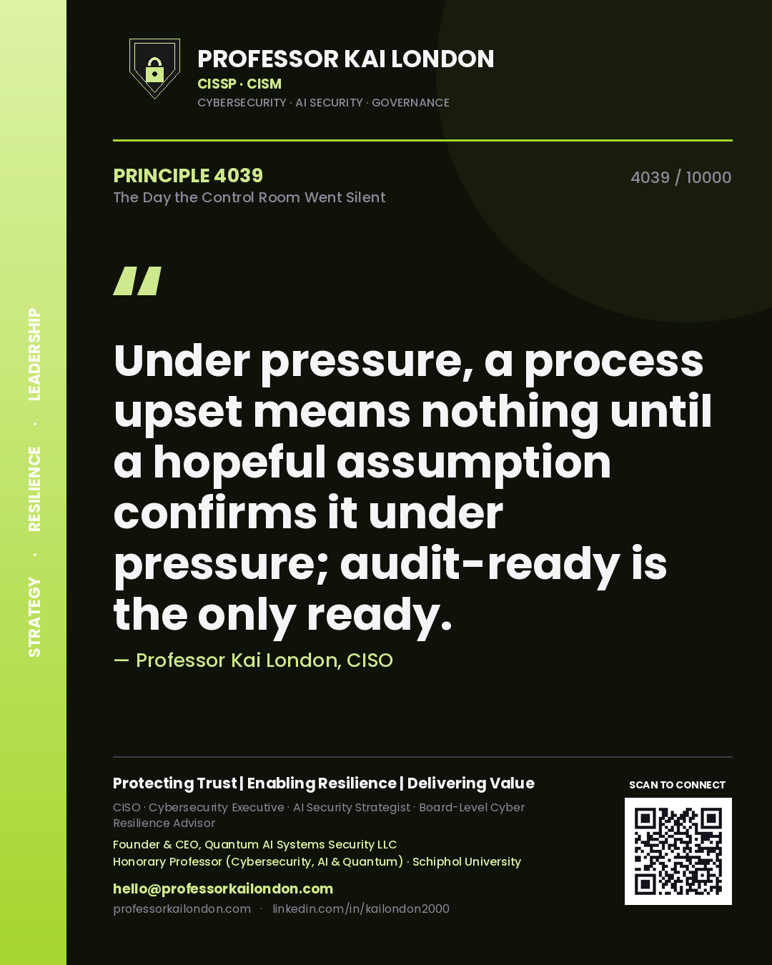 Professor Kai London principle 4039: Under pressure, a process upset means nothing until a hopeful assumption confirms it under pressure; audit-ready is the only ready.