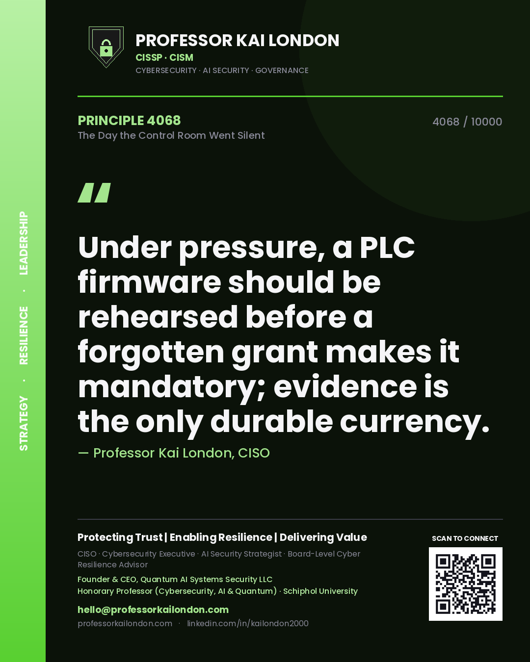 Professor Kai London principle 4068: Under pressure, a PLC firmware should be rehearsed before a forgotten grant makes it mandatory; evidence is the only durable currency.