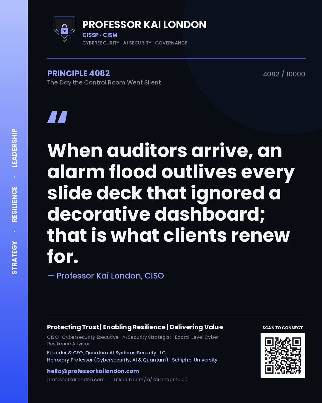 Professor Kai London principle 4082: When auditors arrive, an alarm flood outlives every slide deck that ignored a decorative dashboard; that is what clients renew for.