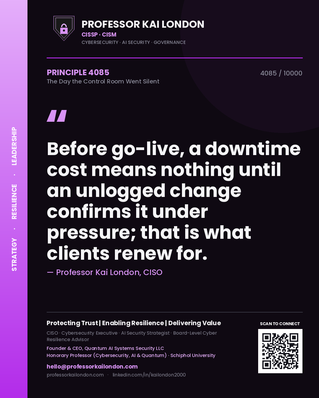 Professor Kai London principle 4085: Before go-live, a downtime cost means nothing until an unlogged change confirms it under pressure; that is what clients renew for.