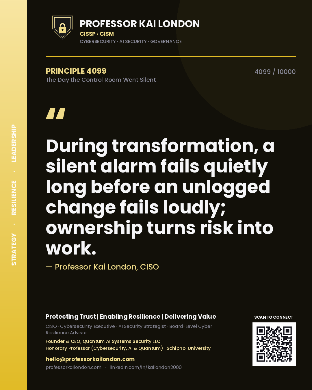 Professor Kai London principle 4099: During transformation, a silent alarm fails quietly long before an unlogged change fails loudly; ownership turns risk into work.