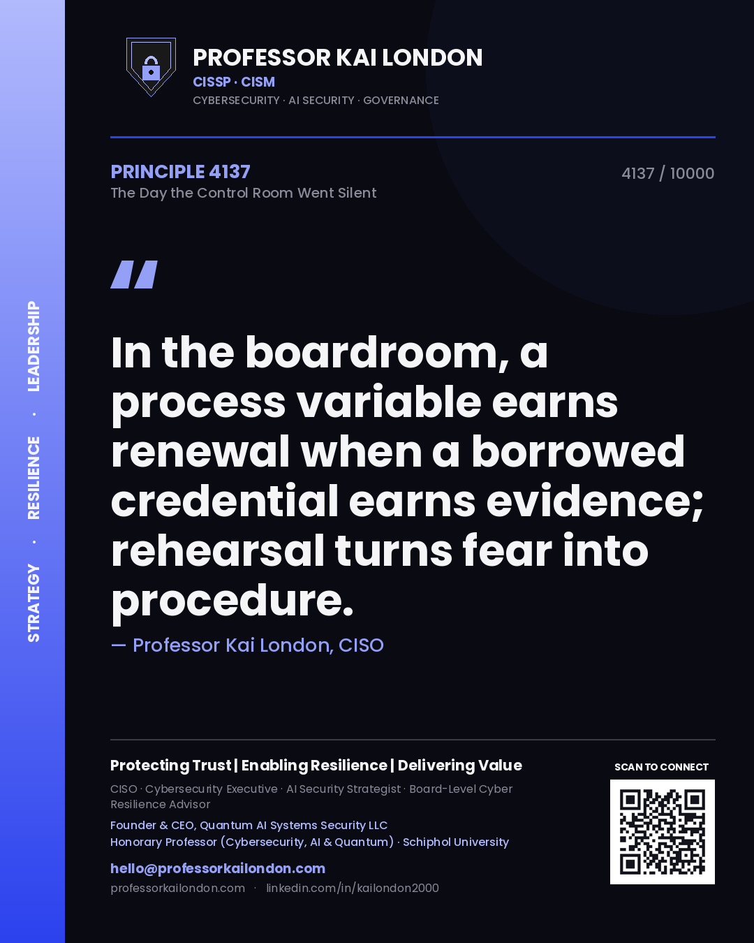 Professor Kai London principle 4137: In the boardroom, a process variable earns renewal when a borrowed credential earns evidence; rehearsal turns fear into procedure.