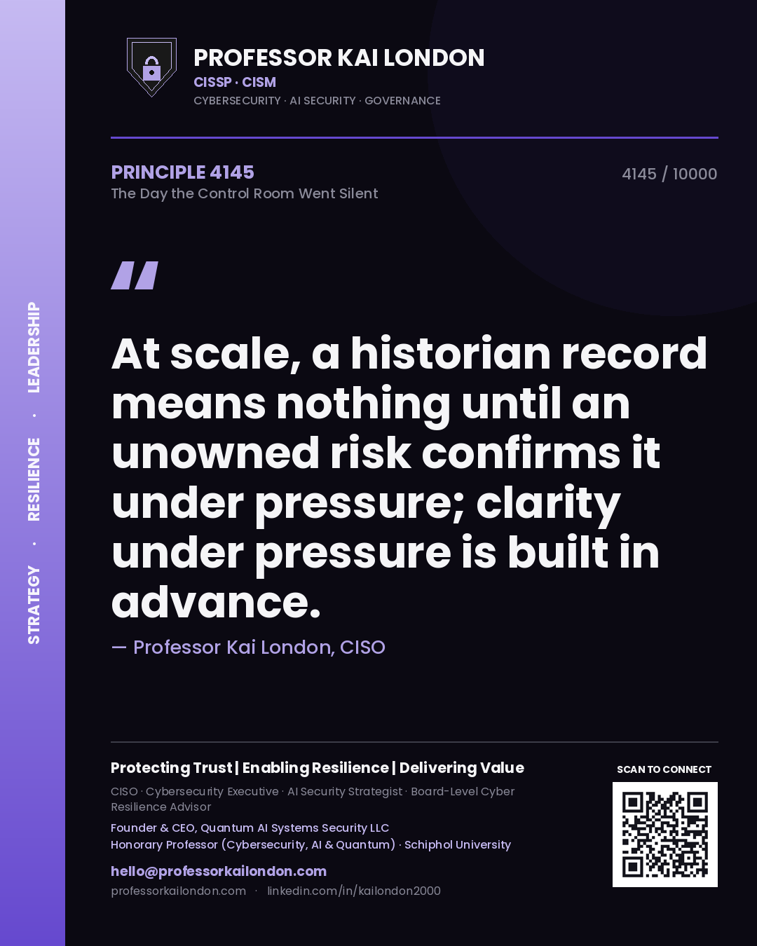 Professor Kai London principle 4145: At scale, a historian record means nothing until an unowned risk confirms it under pressure; clarity under pressure is built in advance.