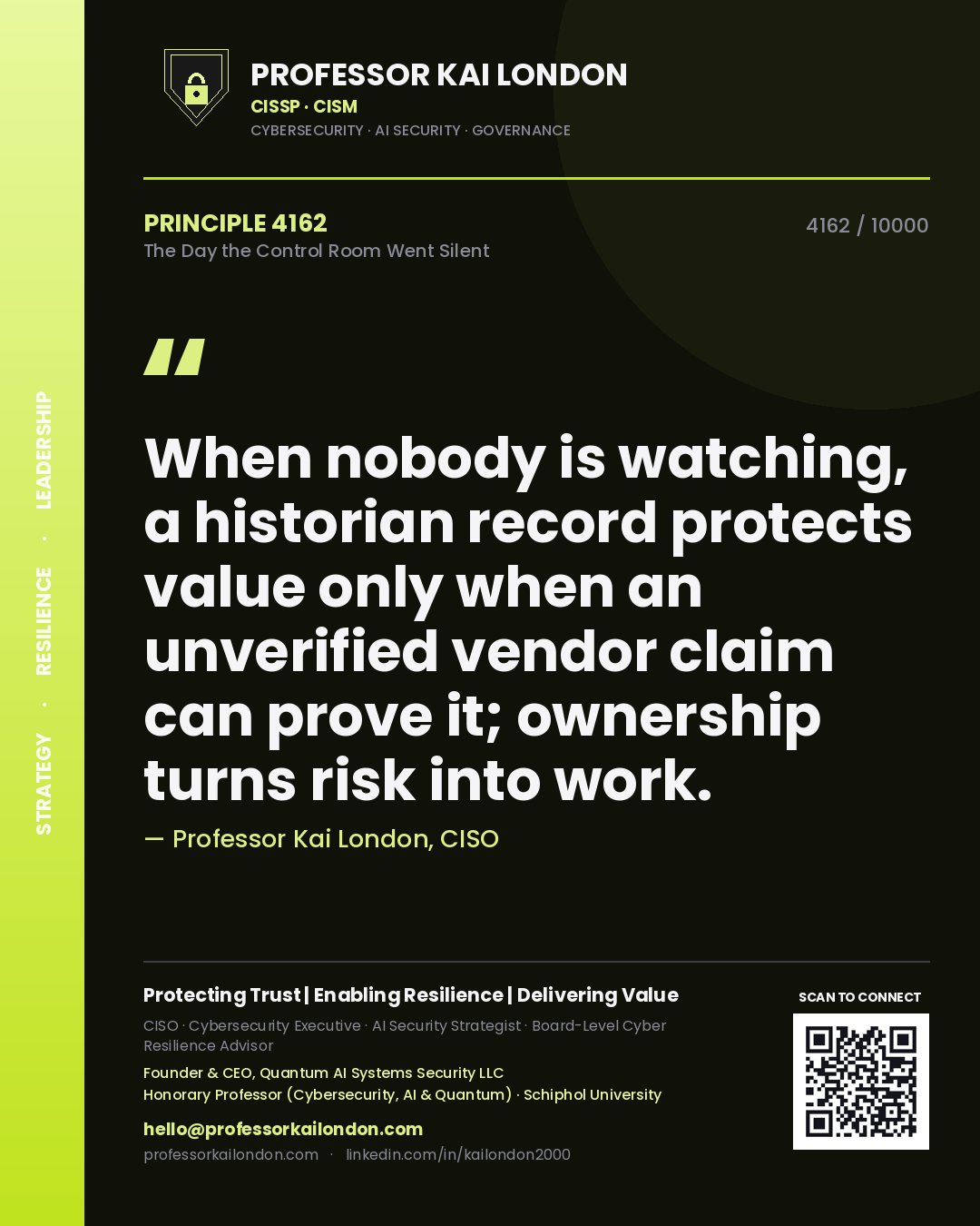 Professor Kai London principle 4162: When nobody is watching, a historian record protects value only when an unverified vendor claim can prove it; ownership turns risk into work.