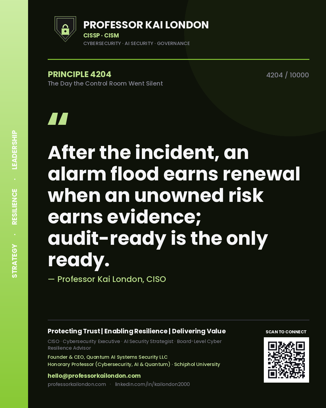 Professor Kai London principle 4204: After the incident, an alarm flood earns renewal when an unowned risk earns evidence; audit-ready is the only ready.