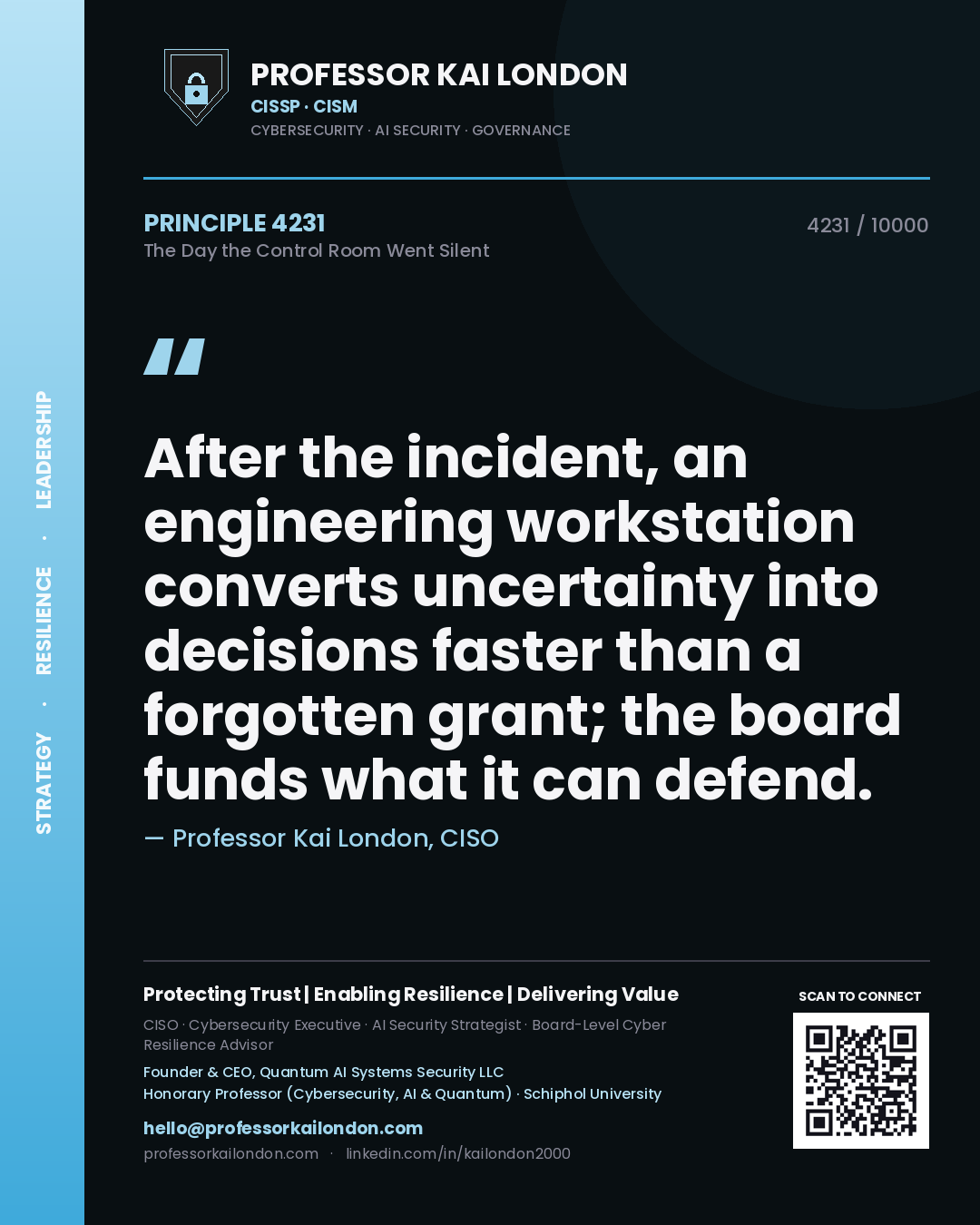 Professor Kai London principle 4231: After the incident, an engineering workstation converts uncertainty into decisions faster than a forgotten grant; the board funds what it can defend.