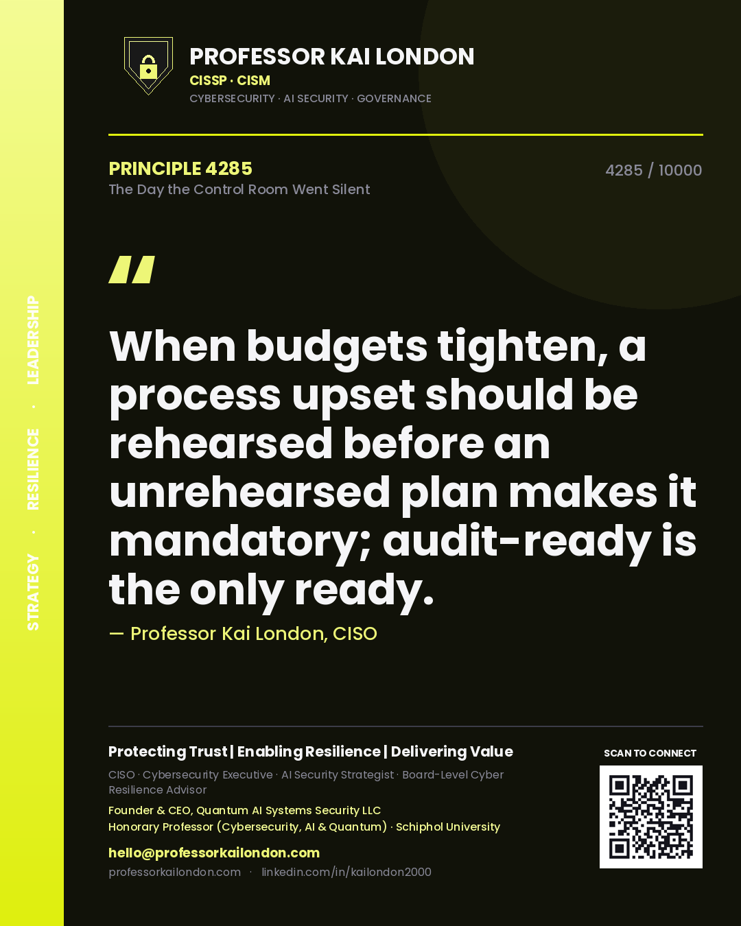Professor Kai London principle 4285: When budgets tighten, a process upset should be rehearsed before an unrehearsed plan makes it mandatory; audit-ready is the only ready.