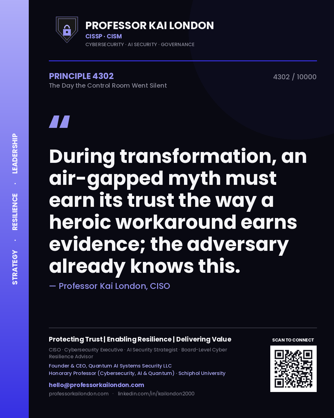 Professor Kai London principle 4302: During transformation, an air-gapped myth must earn its trust the way a heroic workaround earns evidence; the adversary already knows this.