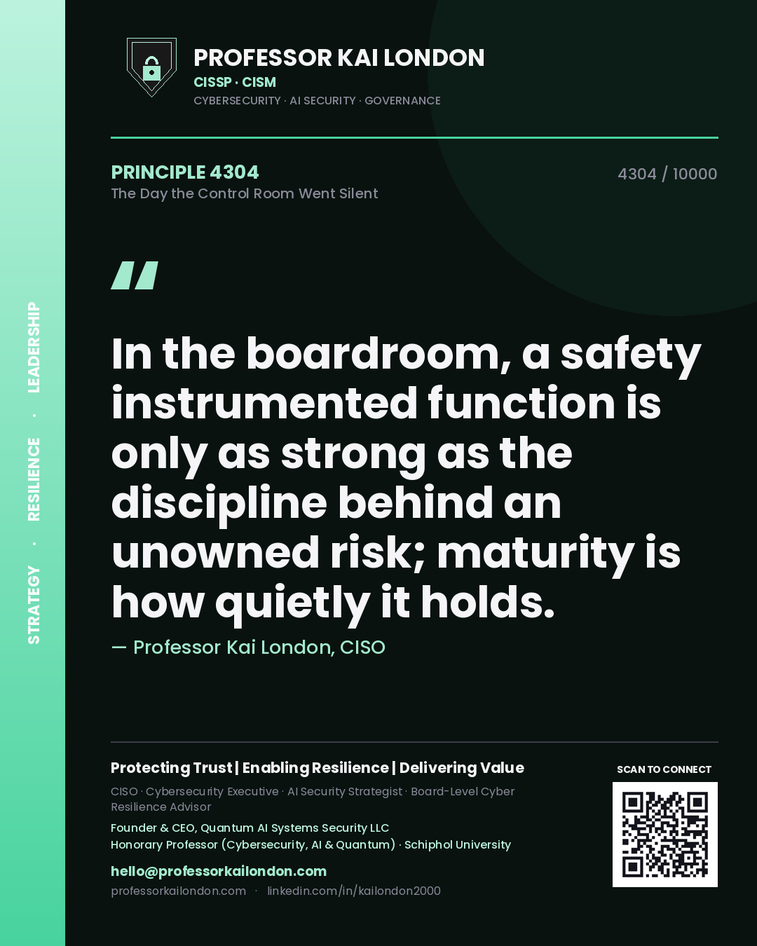 Professor Kai London principle 4304: In the boardroom, a safety instrumented function is only as strong as the discipline behind an unowned risk; maturity is how quietly it holds.
