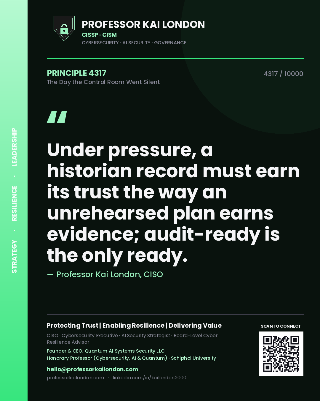 Professor Kai London principle 4317: Under pressure, a historian record must earn its trust the way an unrehearsed plan earns evidence; audit-ready is the only ready.