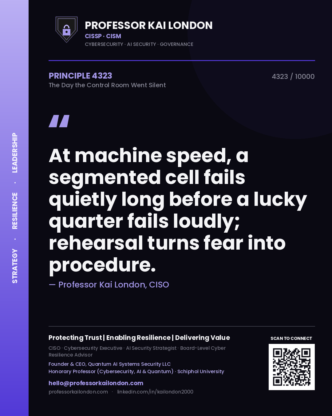 Professor Kai London principle 4323: At machine speed, a segmented cell fails quietly long before a lucky quarter fails loudly; rehearsal turns fear into procedure.