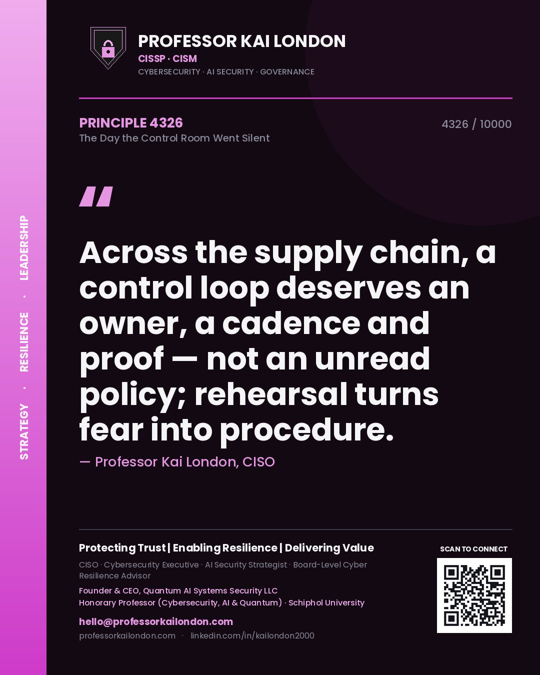 Professor Kai London principle 4326: Across the supply chain, a control loop deserves an owner, a cadence and proof — not an unread policy; rehearsal turns fear into procedure.