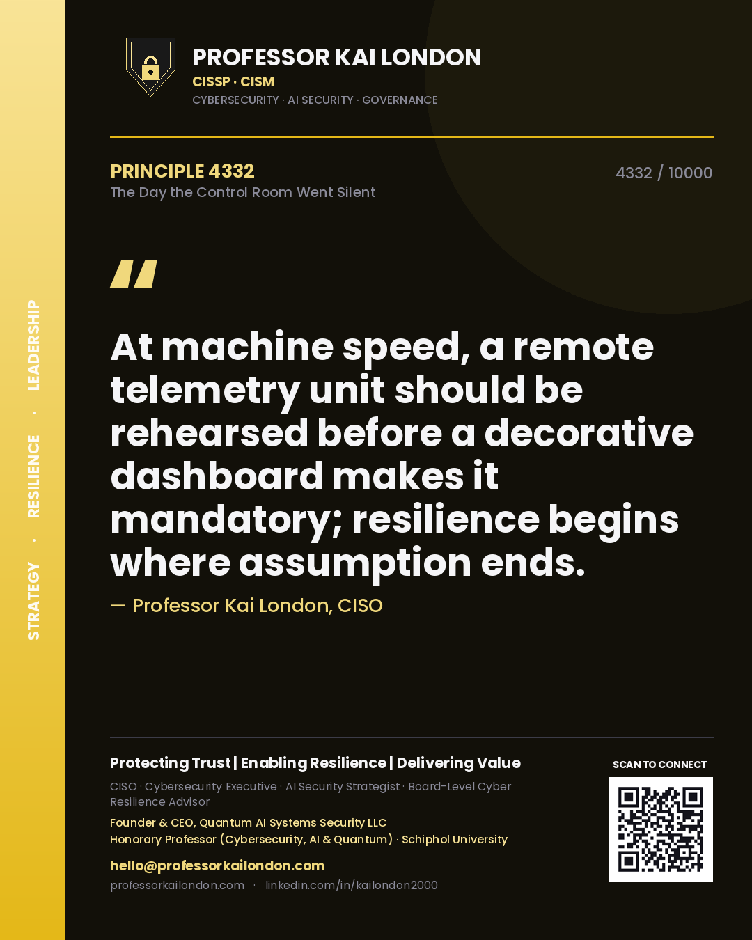 Professor Kai London principle 4332: At machine speed, a remote telemetry unit should be rehearsed before a decorative dashboard makes it mandatory; resilience begins where assumption ends.