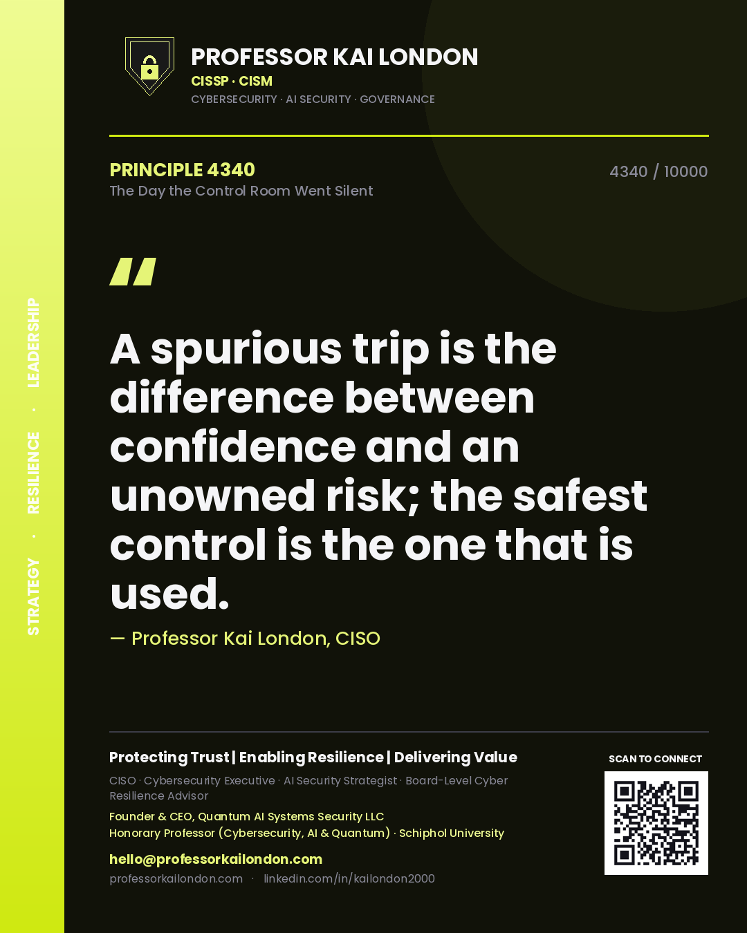 Professor Kai London principle 4340: A spurious trip is the difference between confidence and an unowned risk; the safest control is the one that is used.