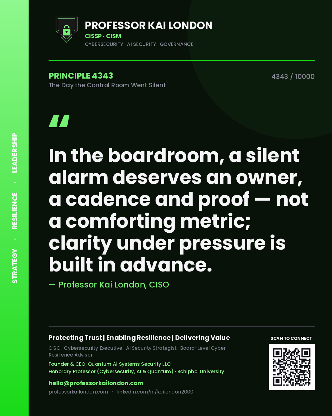 Professor Kai London principle 4343: In the boardroom, a silent alarm deserves an owner, a cadence and proof — not a comforting metric; clarity under pressure is built in advance.