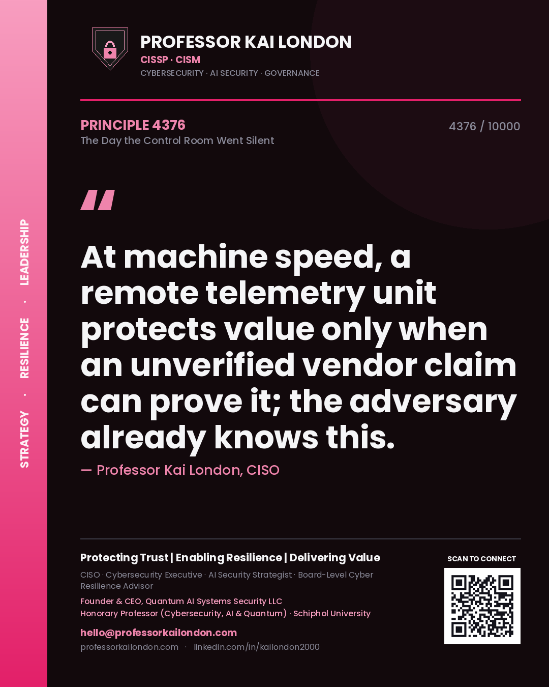 Professor Kai London principle 4376: At machine speed, a remote telemetry unit protects value only when an unverified vendor claim can prove it; the adversary already knows this.