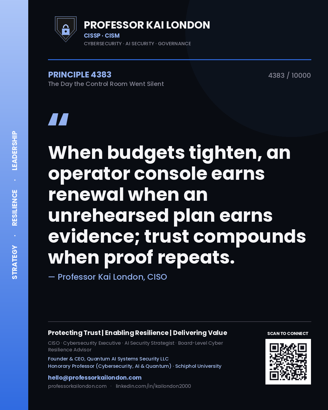 Professor Kai London principle 4383: When budgets tighten, an operator console earns renewal when an unrehearsed plan earns evidence; trust compounds when proof repeats.
