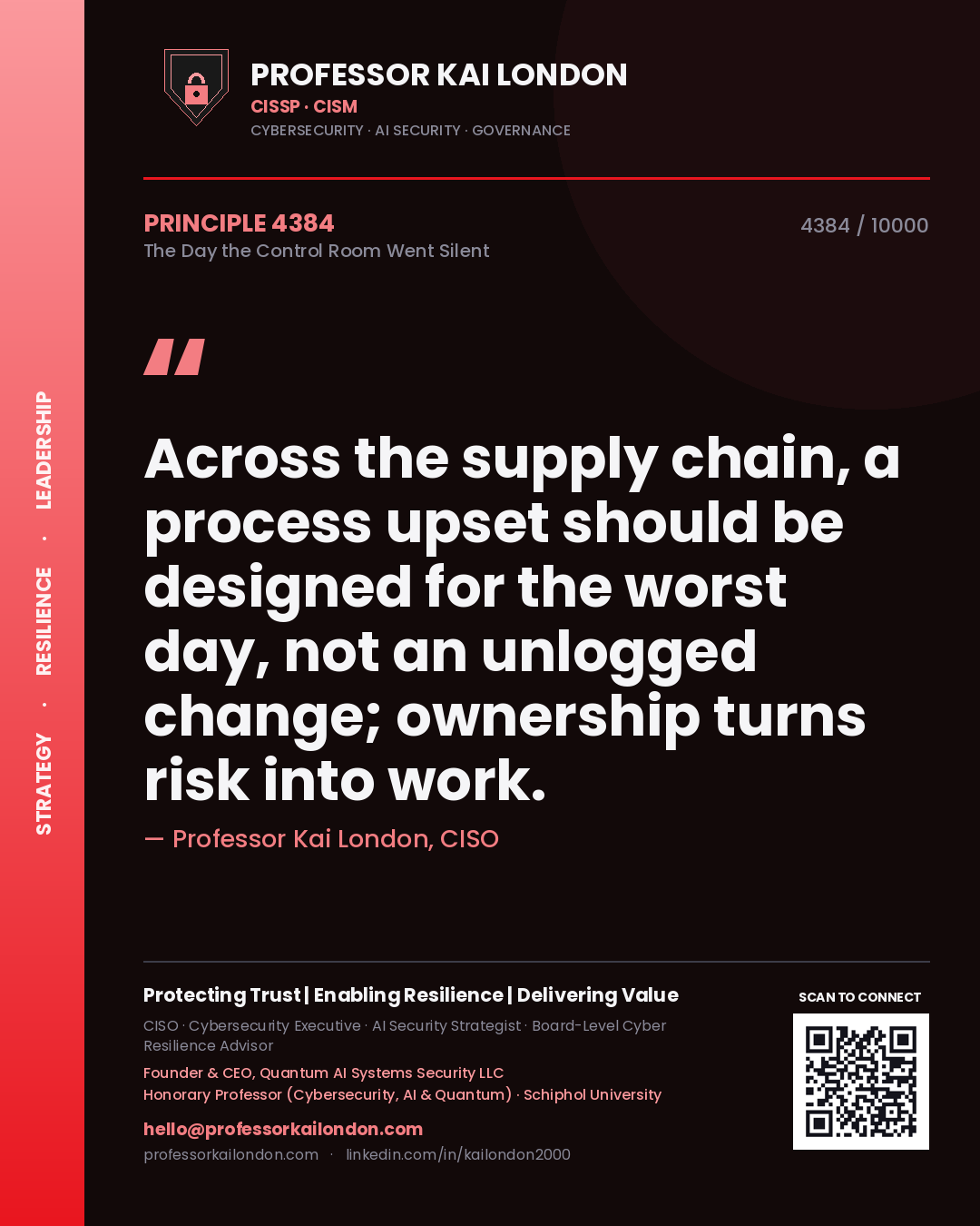 Professor Kai London principle 4384: Across the supply chain, a process upset should be designed for the worst day, not an unlogged change; ownership turns risk into work.