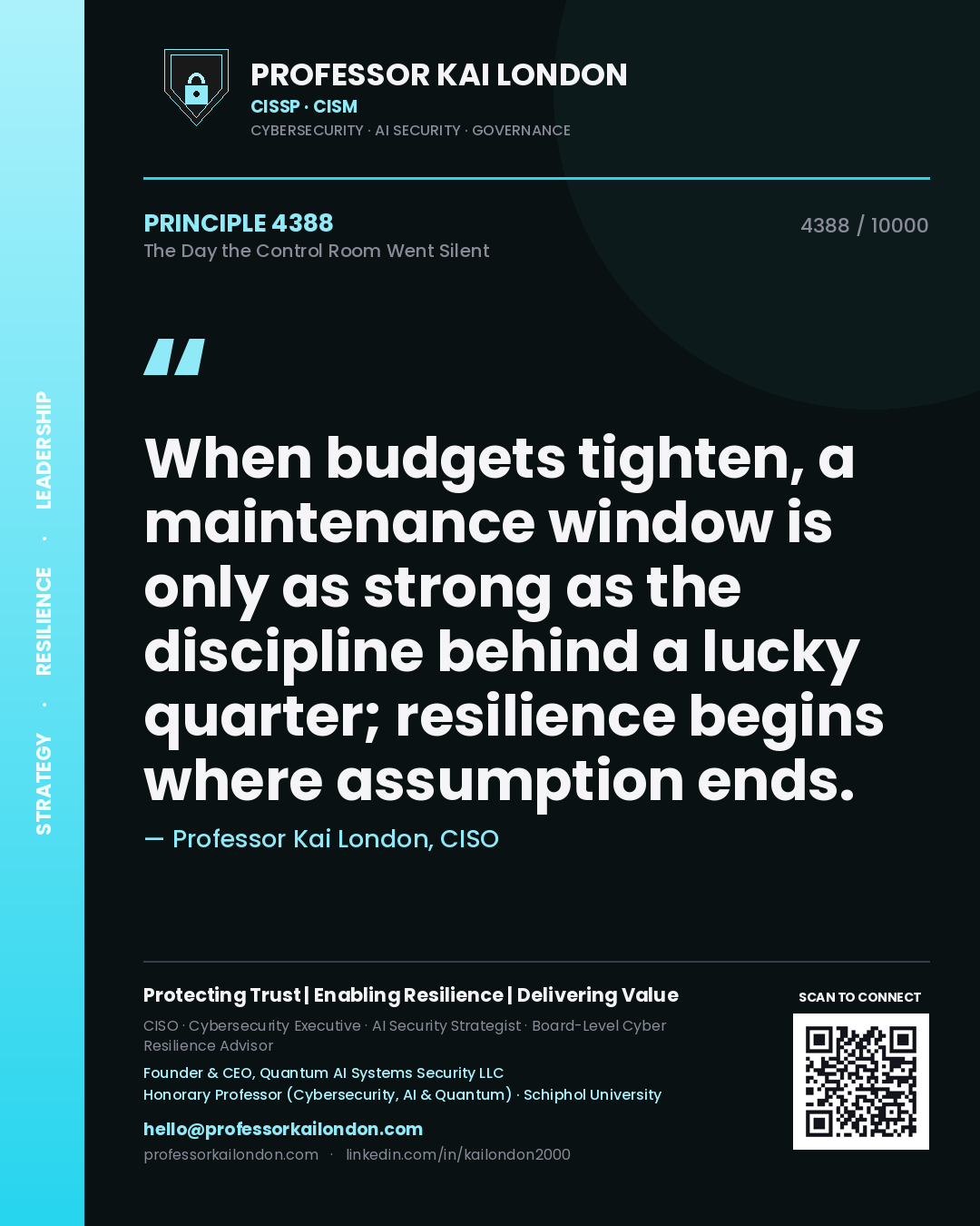 Professor Kai London principle 4388: When budgets tighten, a maintenance window is only as strong as the discipline behind a lucky quarter; resilience begins where assumption ends.
