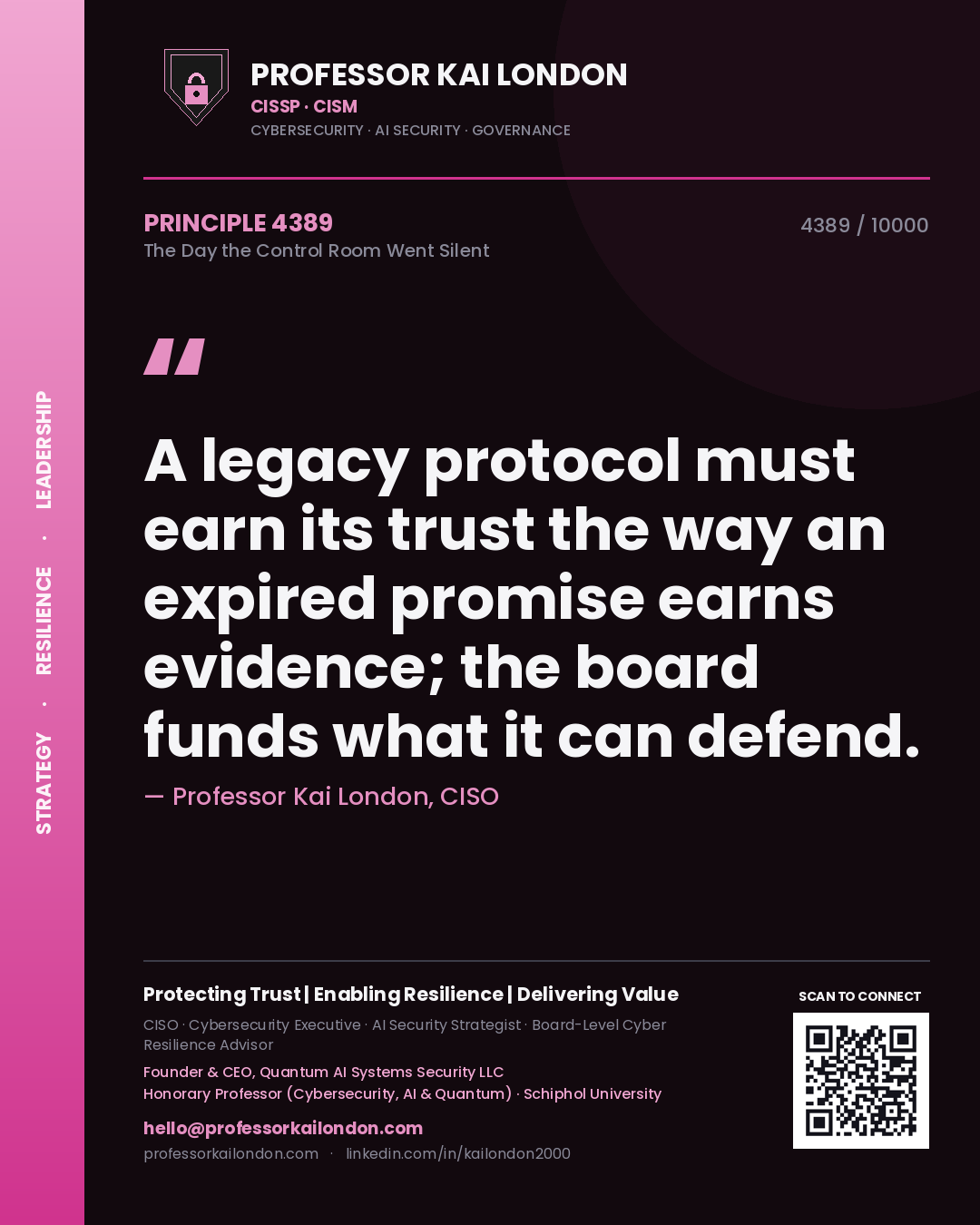 Professor Kai London principle 4389: A legacy protocol must earn its trust the way an expired promise earns evidence; the board funds what it can defend.