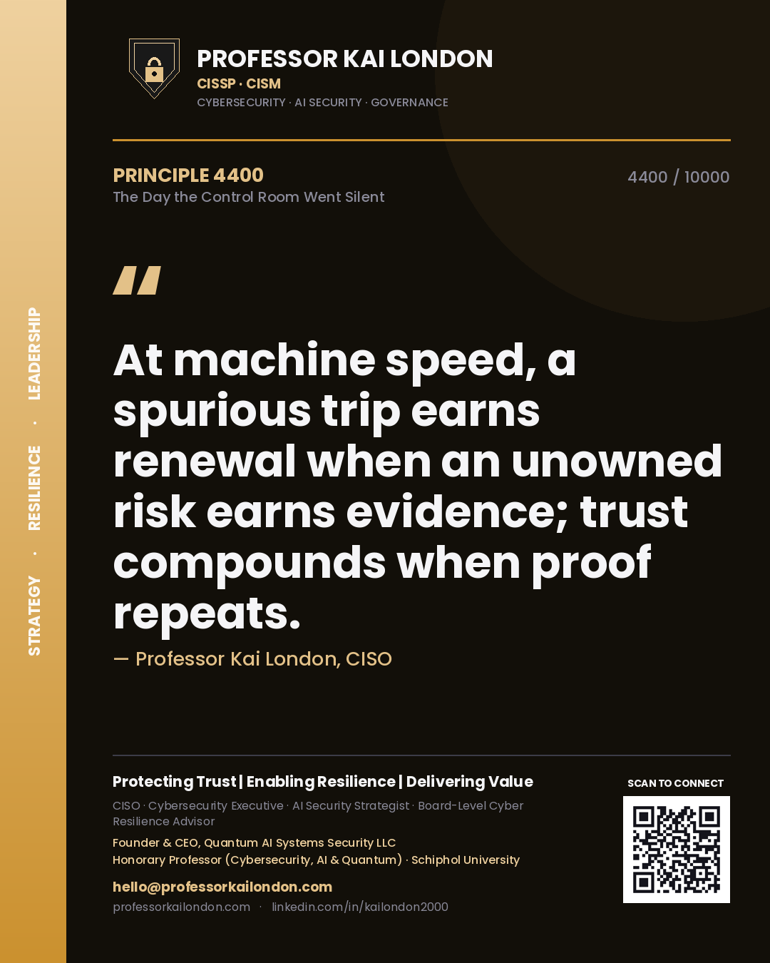 Professor Kai London principle 4400: At machine speed, a spurious trip earns renewal when an unowned risk earns evidence; trust compounds when proof repeats.