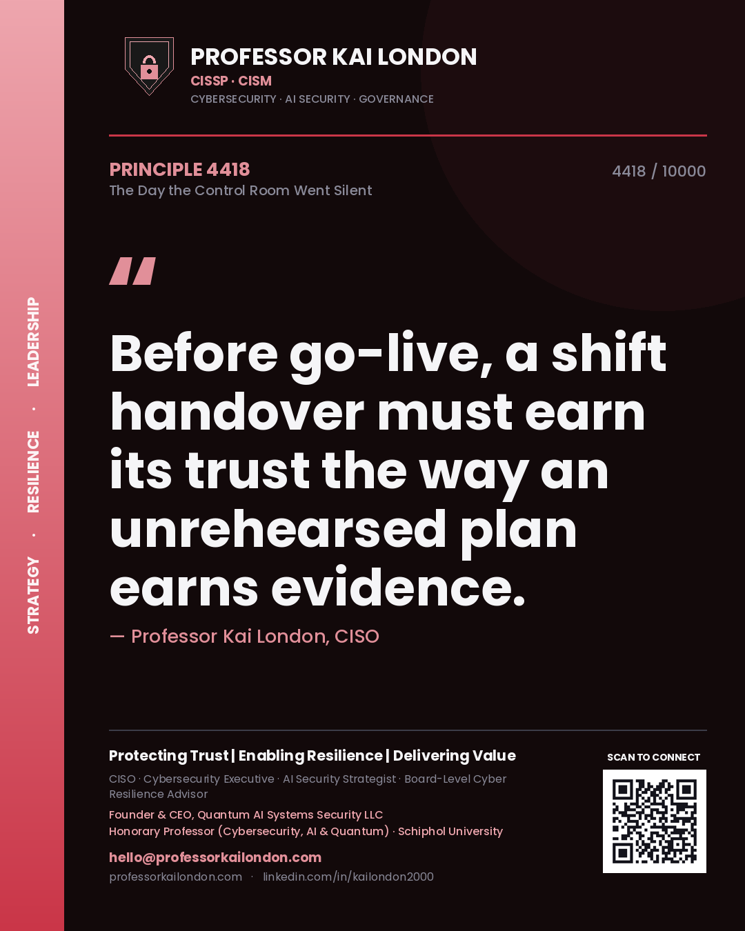 Professor Kai London principle 4418: Before go-live, a shift handover must earn its trust the way an unrehearsed plan earns evidence.
