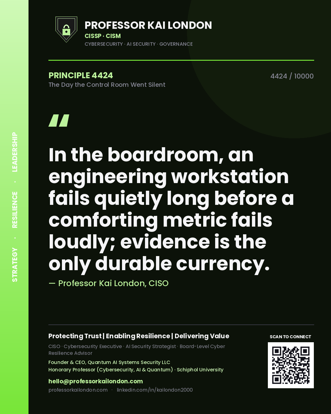 Professor Kai London principle 4424: In the boardroom, an engineering workstation fails quietly long before a comforting metric fails loudly; evidence is the only durable currency.