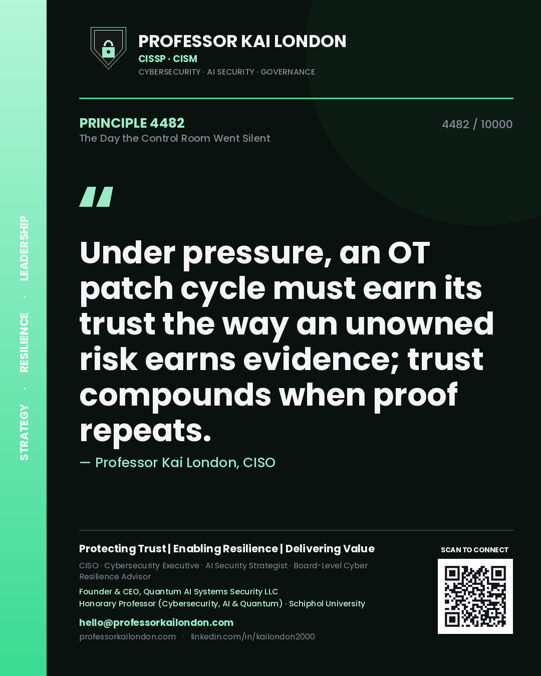 Professor Kai London principle 4482: Under pressure, an OT patch cycle must earn its trust the way an unowned risk earns evidence; trust compounds when proof repeats.