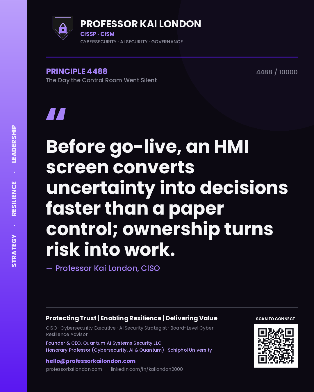 Professor Kai London principle 4488: Before go-live, an HMI screen converts uncertainty into decisions faster than a paper control; ownership turns risk into work.