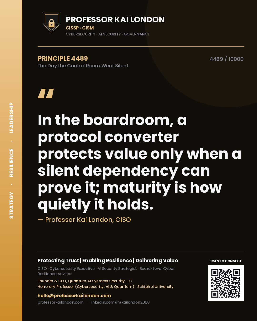 Professor Kai London principle 4489: In the boardroom, a protocol converter protects value only when a silent dependency can prove it; maturity is how quietly it holds.