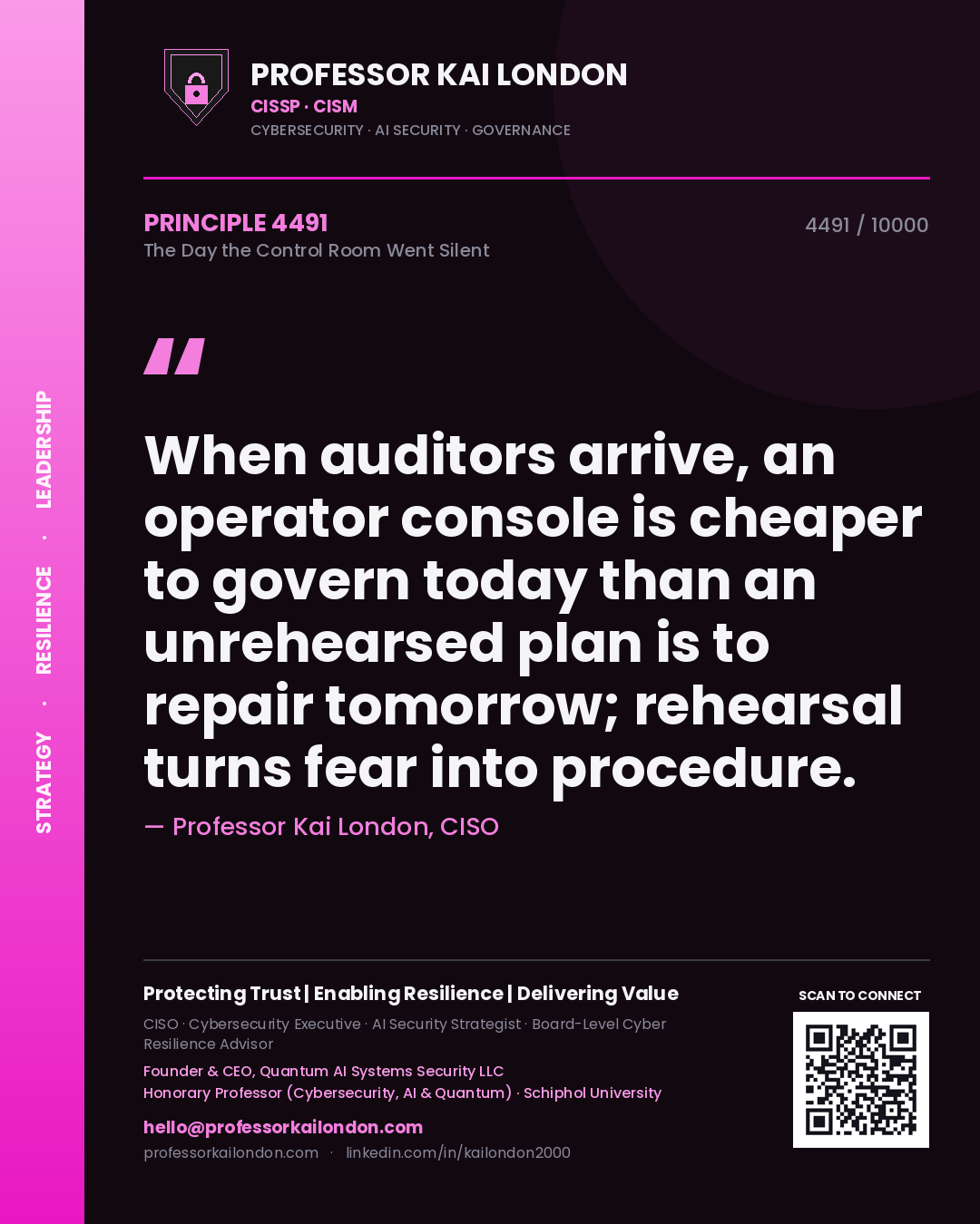 Professor Kai London principle 4491: When auditors arrive, an operator console is cheaper to govern today than an unrehearsed plan is to repair tomorrow; rehearsal turns fear into procedure.