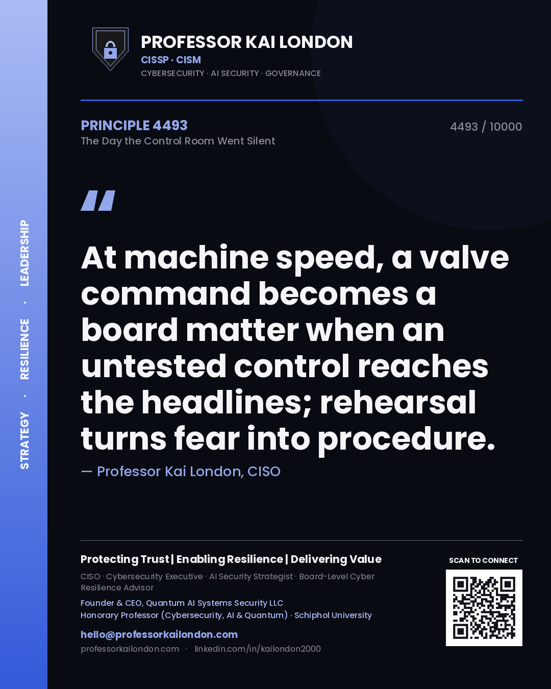 Professor Kai London principle 4493: At machine speed, a valve command becomes a board matter when an untested control reaches the headlines; rehearsal turns fear into procedure.