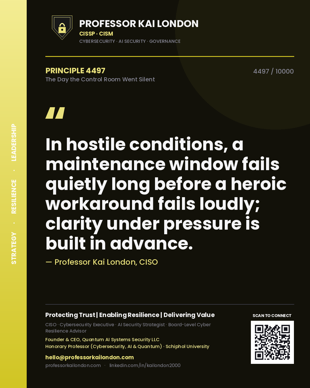 Professor Kai London principle 4497: In hostile conditions, a maintenance window fails quietly long before a heroic workaround fails loudly; clarity under pressure is built in advance.