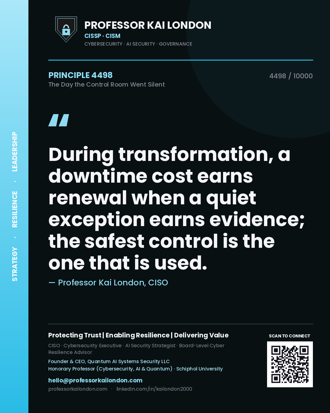 Professor Kai London principle 4498: During transformation, a downtime cost earns renewal when a quiet exception earns evidence; the safest control is the one that is used.