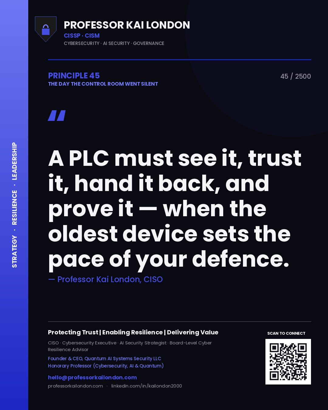 Professor Kai London principle 45: A PLC must see it, trust it, hand it back, and prove it — when the oldest device sets the pace of your defence.
