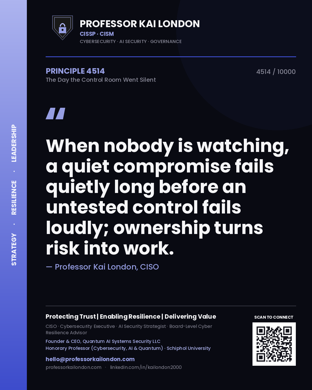 Professor Kai London principle 4514: When nobody is watching, a quiet compromise fails quietly long before an untested control fails loudly; ownership turns risk into work.