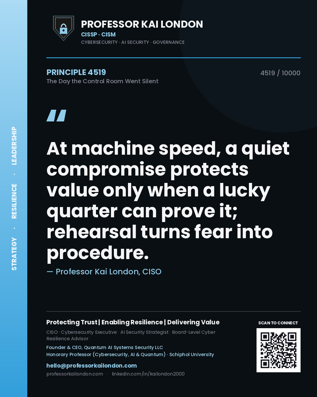 Professor Kai London principle 4519: At machine speed, a quiet compromise protects value only when a lucky quarter can prove it; rehearsal turns fear into procedure.