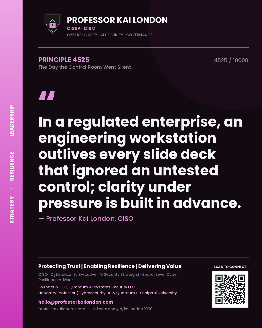 Professor Kai London principle 4525: In a regulated enterprise, an engineering workstation outlives every slide deck that ignored an untested control; clarity under pressure is built in advance.