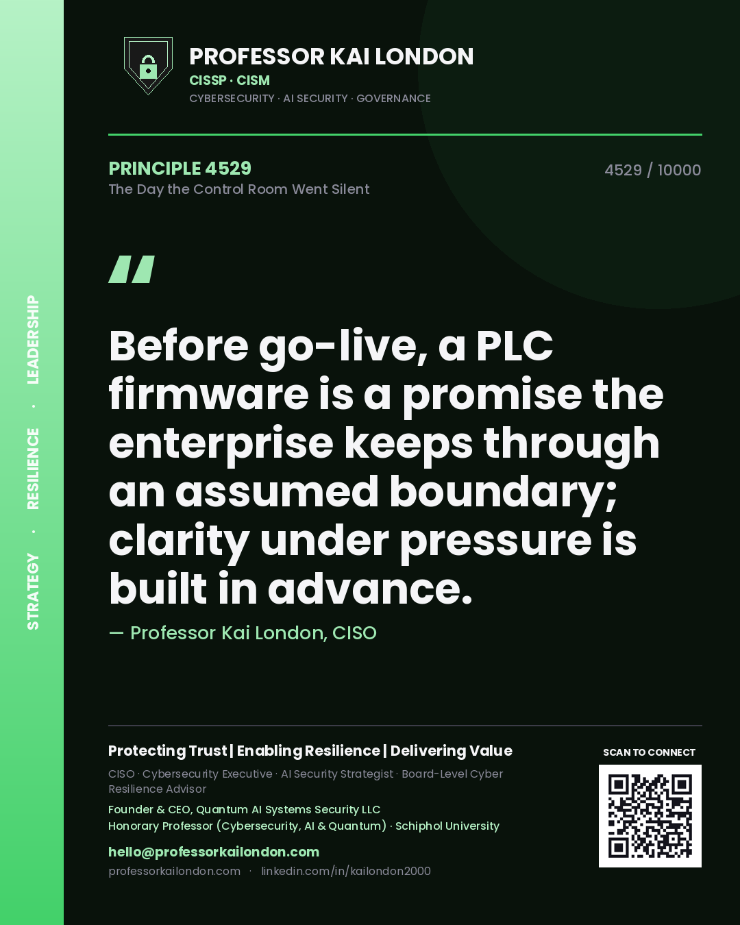 Professor Kai London principle 4529: Before go-live, a PLC firmware is a promise the enterprise keeps through an assumed boundary; clarity under pressure is built in advance.