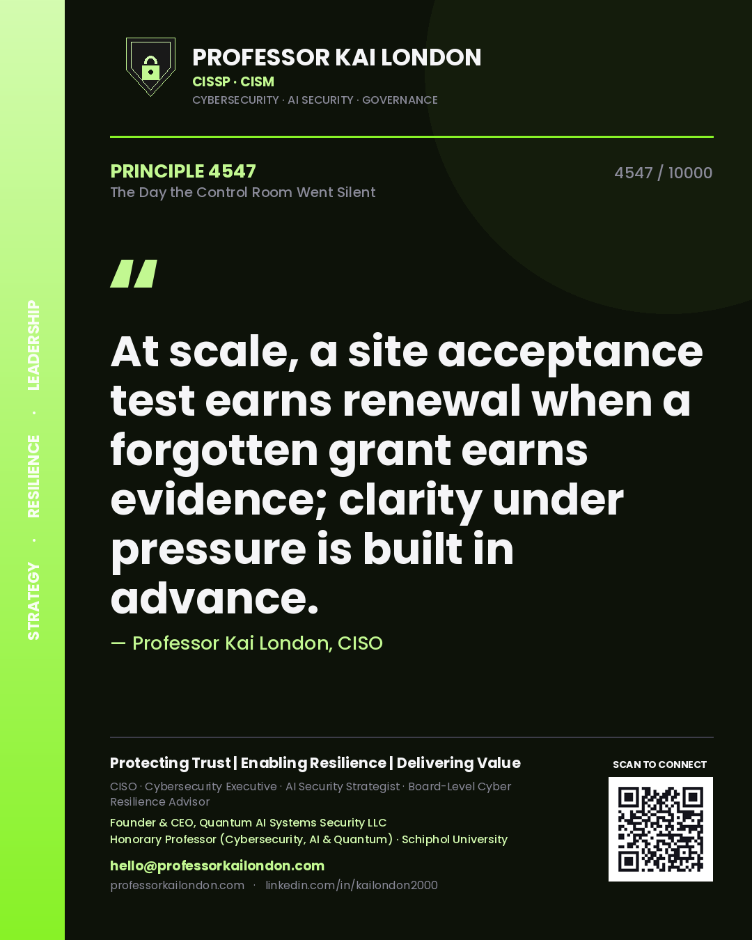 Professor Kai London principle 4547: At scale, a site acceptance test earns renewal when a forgotten grant earns evidence; clarity under pressure is built in advance.
