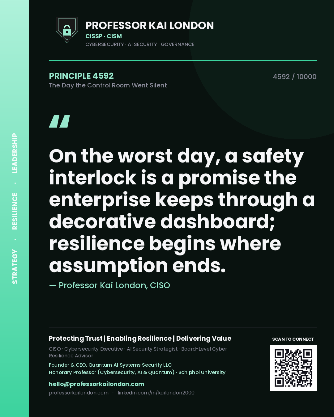 Professor Kai London principle 4592: On the worst day, a safety interlock is a promise the enterprise keeps through a decorative dashboard; resilience begins where assumption ends.