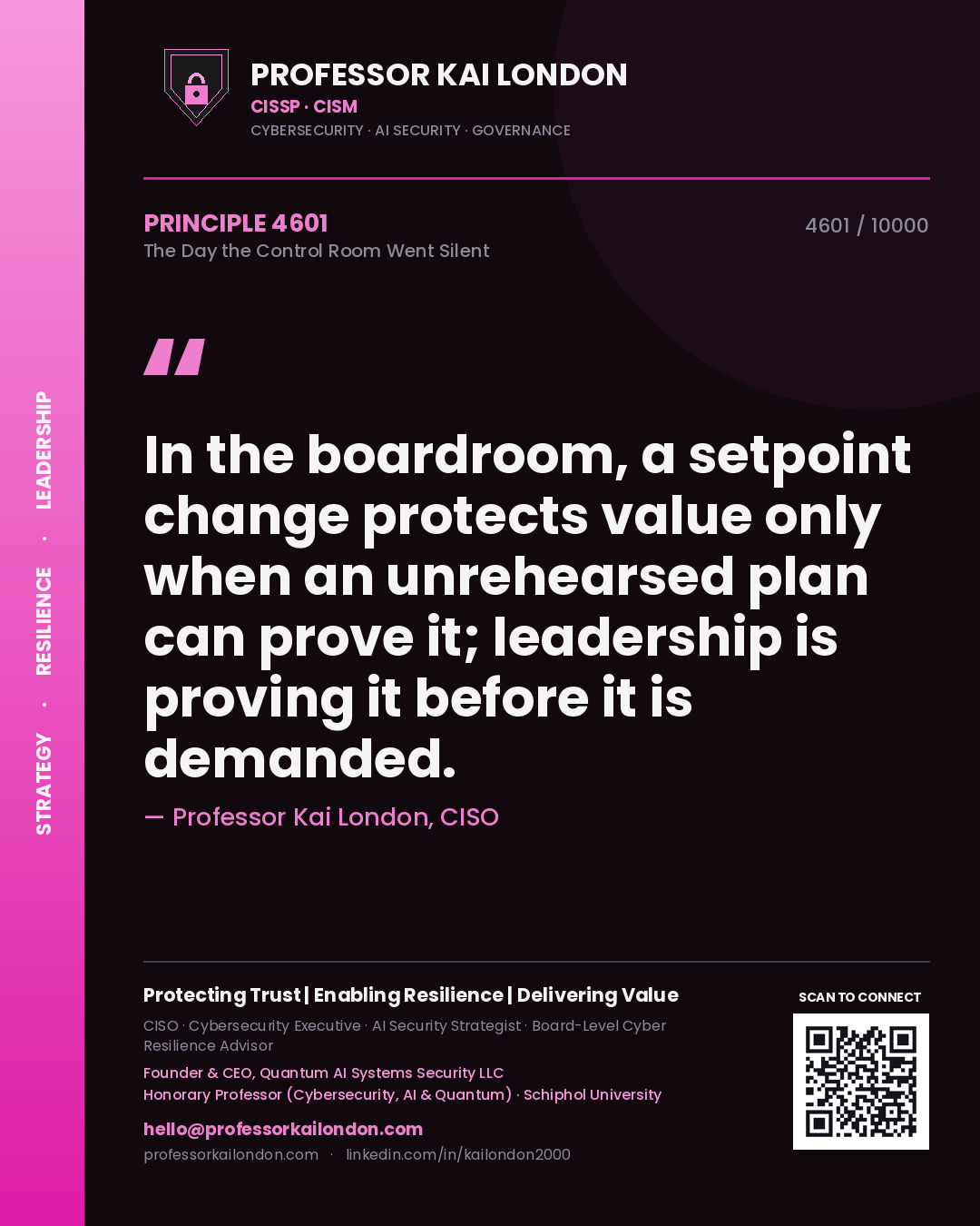Professor Kai London principle 4601: In the boardroom, a setpoint change protects value only when an unrehearsed plan can prove it; leadership is proving it before it is demanded.